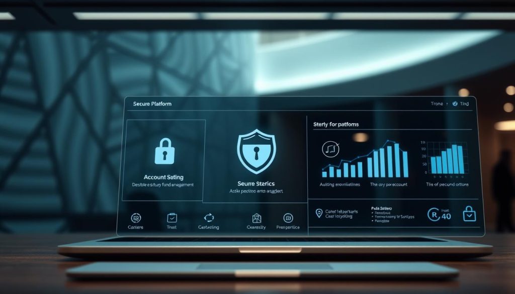 A well-lit, high-resolution image of a secure online platform or financial technology application interface. The foreground should display a clean, minimalist user interface with intuitive navigation controls, security indicators, and options for account setup and fund management. The middle ground could feature stylized icons, graphs, or data visualizations highlighting the platform's safety and reliability. The background should convey a sense of trust and professionalism, with subtle patterns, textures, or architectural elements that evoke a modern, reputable financial institution. Lighting should be soft and even, with a subtle depth of field to draw the viewer's attention to the key interface elements. The overall mood should be one of confidence, simplicity, and assurance in the platform's security and user-friendliness.