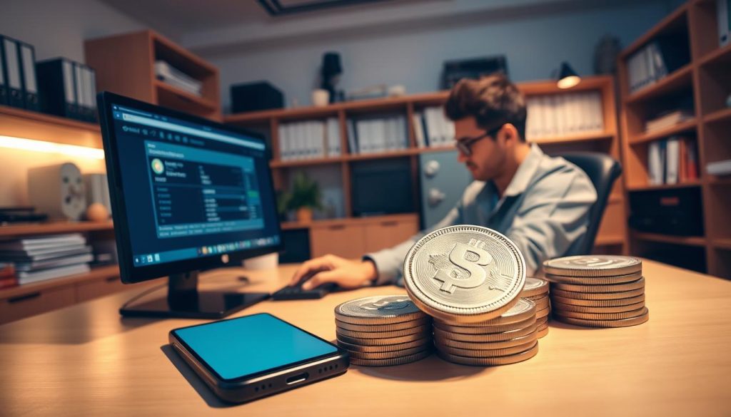 A well-lit office interior with a desktop computer, a smartphone, and a stack of USDT stablecoin tokens on the desk. A person in casual business attire is seated, focused on the transaction process on the screen. Surrounding shelves display financial documents and a safe, conveying a sense of secure storage. Warm, professional lighting illuminates the scene, creating an atmosphere of informed financial management. The overall composition highlights the seamless integration of digital and physical elements in the USDT purchase and storage experience.