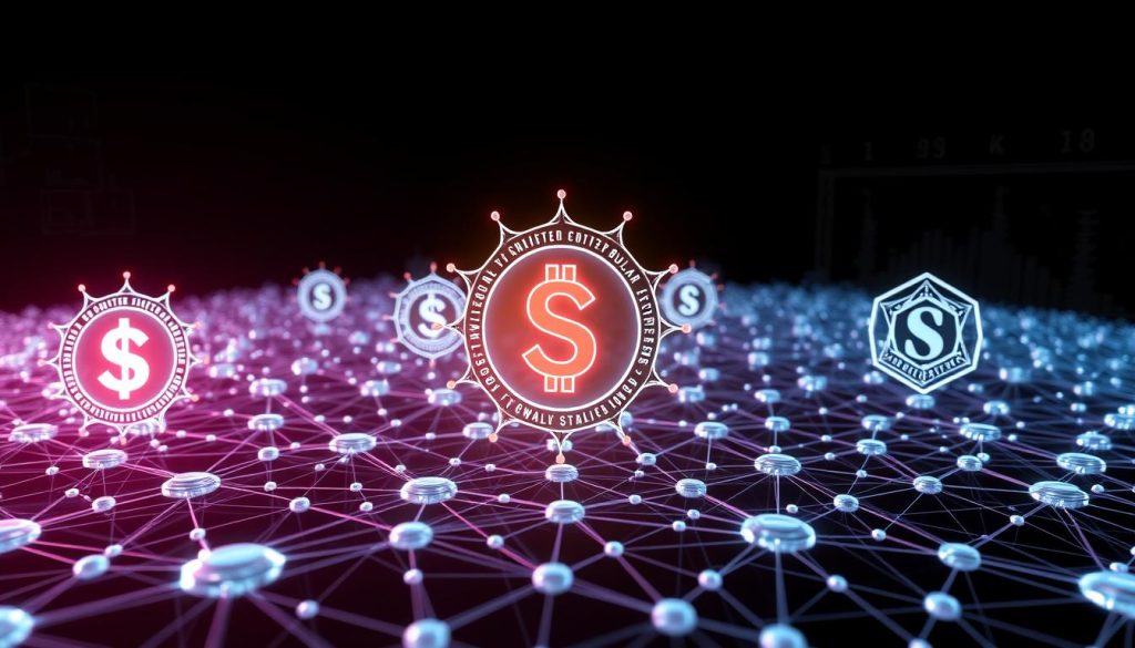 An intricate three-dimensional visualization showcasing the multiple blockchain versions of USDT, the world's most widely-used stablecoin. In the foreground, a central USDT icon glows with a soft radiance, surrounded by interconnected nodes representing the ERC-20, TRC-20, and Omni protocols. The middle ground features an array of dynamic blockchain structures, their intricate geometries hinting at the technical complexity underlying the stablecoin's cross-chain functionality. In the distant background, a sleek, minimalist interface suggests the user-friendly applications and wallets that enable seamless USDT transactions across these diverse blockchain ecosystems. The overall scene conveys a sense of technological sophistication, financial stability, and global interconnectivity.