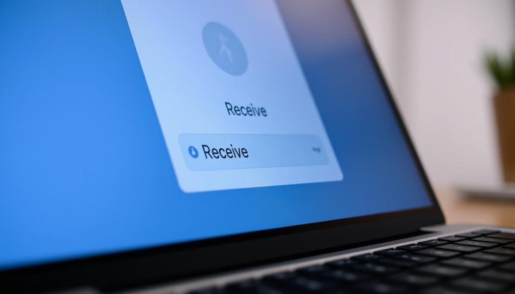 Detailed close-up of a digital cryptocurrency wallet interface on a modern laptop display, showcasing the process of receiving USDT (Tether) cryptocurrency. The wallet has a clean, intuitive design with a prominent "Receive" button and a unique wallet address prominently displayed. The background is slightly blurred, emphasizing the wallet interface. The lighting is soft and diffused, creating a calm, professional atmosphere. The angle is slightly tilted to provide an engaging perspective. The overall impression is one of simplicity, security, and ease of use, reflecting the "new user-friendly" theme of the section.