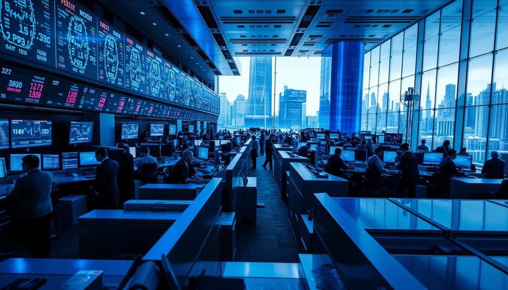 A bustling cryptocurrency exchange floor, with traders monitoring real-time data on multiple high-resolution displays. The scene is bathed in a cool, blue-tinted lighting, creating a sense of technological sophistication. In the foreground, sleek, metallic trading terminals are arrayed in neat rows, their surfaces reflecting the glow of the screens. The middle ground features a panoramic view of the exchange, with brokers hurrying between workstations, engrossed in intense negotiations. In the background, a towering glass facade offers a glimpse of the city skyline, emphasizing the global nature of the financial hub. The overall atmosphere is one of precision, dynamism, and the relentless pulse of the digital economy.
