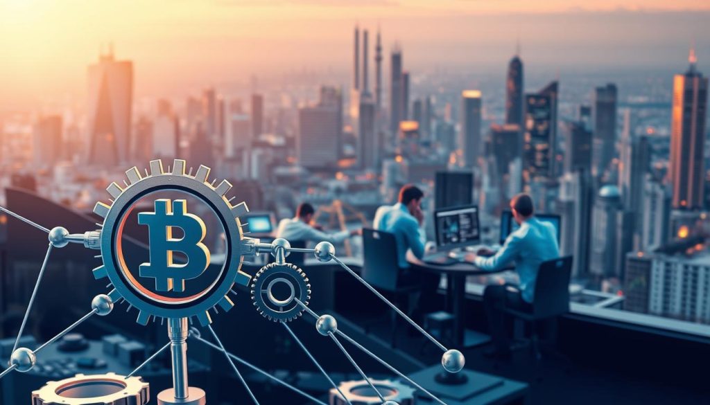 A detailed illustration of a comprehensive cryptocurrency risk management strategy. In the foreground, a secure blockchain network with interlocking gears, symbolizing the complex mechanisms underlying cryptocurrency transactions. In the middle ground, a team of financial analysts poring over data dashboards, meticulously monitoring and mitigating risks. The background showcases a cityscape, representing the global scale and interconnectedness of the crypto markets. Soft, warm lighting illuminates the scene, conveying a sense of diligence and professionalism. The composition emphasizes the importance of rigorous risk control in the dynamic and volatile world of digital assets.