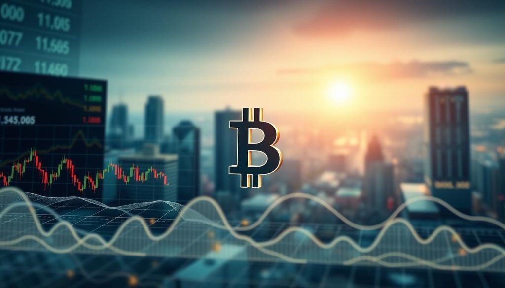 A detailed real-time analysis of the Bitcoin market, presented against a backdrop of a dynamic financial landscape. In the foreground, a comprehensive data visualization showcases the latest trends, fluctuations, and key indicators, rendered with a sleek, minimalist aesthetic. The middle ground features a stylized 3D representation of the Bitcoin symbol, casting a reflective glow and surrounded by a lattice of interconnected financial data points. In the background, a softly blurred cityscape evokes the global nature of the cryptocurrency market, with subtle lighting effects creating an atmosphere of technological sophistication and forward momentum. The overall composition conveys a sense of authority, clarity, and cutting-edge financial analysis.