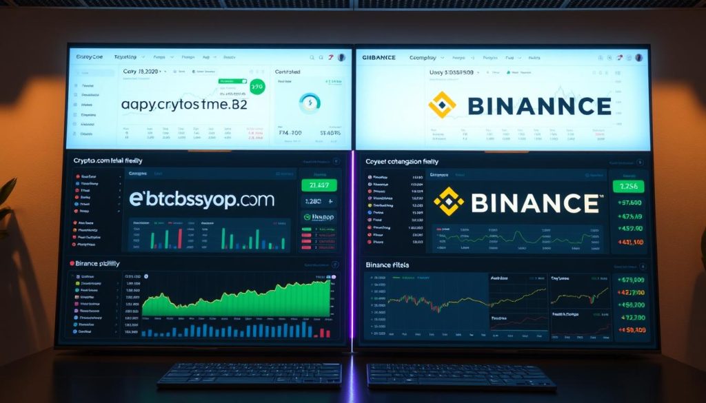 A detailed side-by-side comparison of the Euope-based Crypto.com platform and the global Binance exchange, showcasing their key features, trading options, user interfaces, and overall usability for beginner cryptocurrency investors. The scene depicts a clean, modern financial dashboard with crisp typography, intuitive charts, and seamless UI elements. Ambient lighting casts a warm, professional glow, while the composition is balanced and visually appealing, allowing the platform details to shine. The overall tone is informative, trustworthy, and tailored to guide new crypto users through the decision-making process.