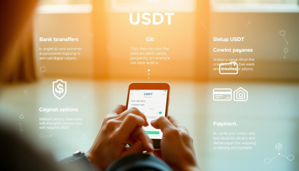 A detailed, step-by-step visual guide for purchasing USDT, the popular stablecoin. In the foreground, a user's hands interacting with a mobile device, navigating through a secure cryptocurrency exchange app. The middle ground depicts various payment options like bank transfers, credit/debit cards, and digital wallets. In the background, a clean, minimalist scene with subtle blockchain-inspired geometric patterns, conveying trust, reliability, and financial security. Warm, natural lighting casts a soft glow, creating an inviting and approachable atmosphere. The overall composition guides the viewer through the USDT buying process, emphasizing simplicity, convenience, and peace of mind.