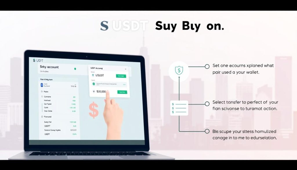 A detailed step-by-step visual guide to the USDT buying process. In the foreground, a laptop screen displays a cryptocurrency exchange interface with a simple, user-friendly layout. The middle ground shows a person's hands performing the various steps - setting up an account, selecting the USDT trading pair, and initiating a transfer to a digital wallet. The background features a muted, pastel-toned cityscape to convey a sense of modern, secure financial transactions. Soft, diffused lighting creates a clean, professional aesthetic. The overall tone is informative, approachable, and designed to instill confidence in the USDT buying workflow.