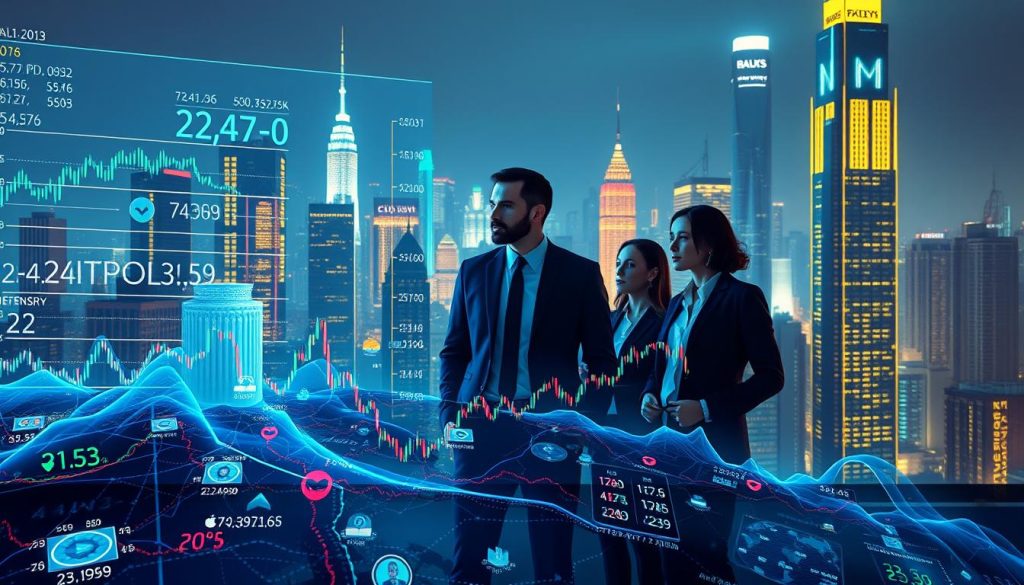 A dynamic, data-driven visualization of the cryptocurrency market analysis. In the foreground, a vibrant digital landscape depicts the real-time fluctuations of major cryptocurrencies, with charts, graphs, and analytical insights projected holographically. In the middle ground, a team of financial experts in sleek, futuristic attire studies the data, their expressions a blend of concentration and anticipation. In the background, a cityscape of towering skyscrapers and glowing neon signage sets the scene, hinting at the global scale and significance of the cryptocurrency market. The lighting is a soft, atmospheric blend of blues and greens, creating a sense of technological sophistication and forward-thinking.