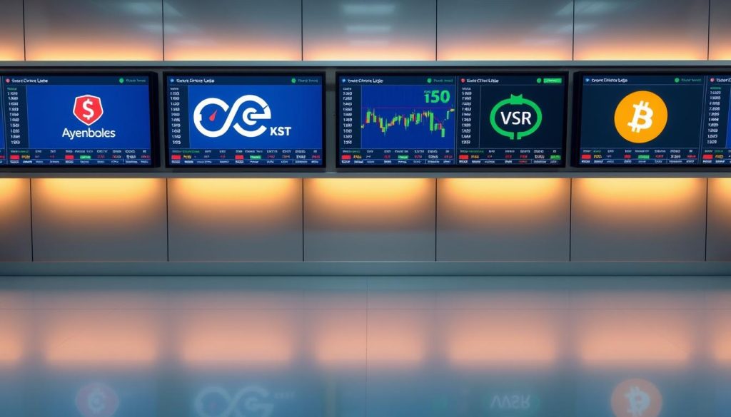 A financial technology platform comparison in a clean, minimalist style. The scene depicts a row of digital screens displaying various cryptocurrency exchange logos and trade data, set against a sleek, metallic backdrop with soft, warm lighting. The screens are arranged in a grid-like layout, creating a sense of order and professionalism. The overall atmosphere conveys a sense of security, reliability, and technological sophistication, reflecting the need for a trustworthy platform for safely investing in USDT.
