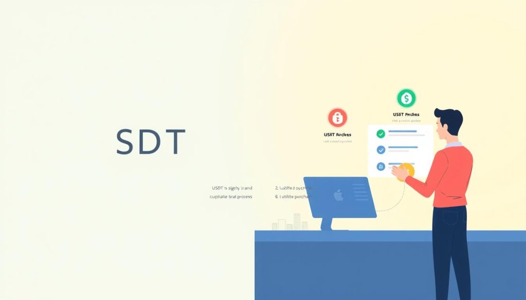A high-quality, clean, and modern digital illustration showcasing the process of purchasing USDT on the Bitget platform. The image should have a professional and intuitive design with a clear focus on the key steps involved. The foreground should depict a person interacting with the Bitget platform interface, while the middle ground features a series of distinct steps or checkpoints representing the USDT purchase workflow. The background should convey a sense of digital security and financial stability, perhaps with subtle blockchain or cryptocurrency-related elements. The lighting should be soft and diffused, creating a calm and approachable atmosphere. The overall composition should be well-balanced, with a harmonious color palette and attention to detail that effectively communicates the guide's subject matter.