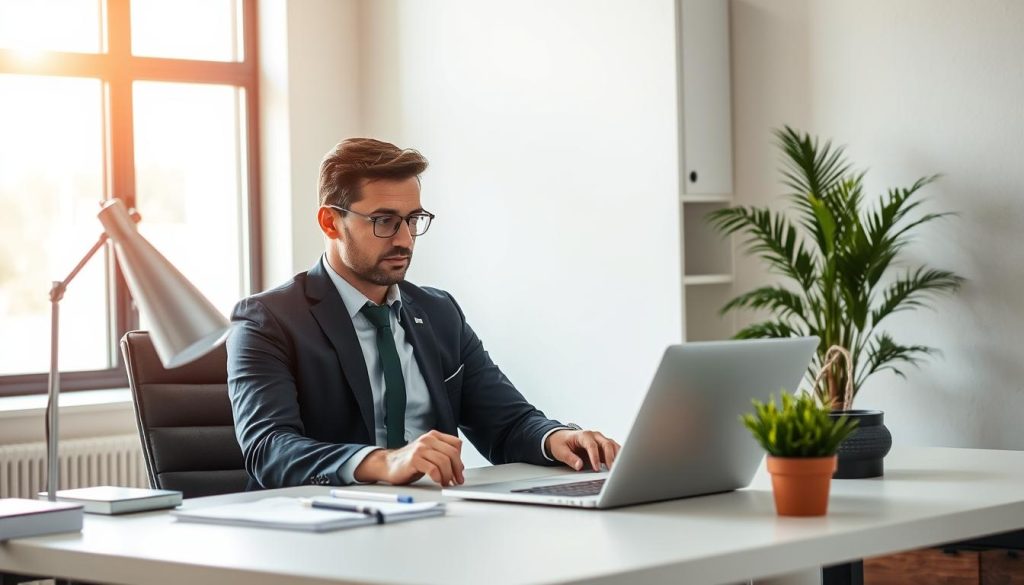 A modern office setting with a professional businessman sitting at his desk, contemplating the purchase of USDT on his laptop. The desk is neatly organized, with a lamp, stationery, and a potted plant adding a touch of sophistication. The man appears focused, with a thoughtful expression, as he navigates the digital transaction process. The room is well-lit, with warm, natural lighting streaming in through large windows, creating a serene and productive atmosphere. The background features neutral-toned walls, adding a sense of minimalism and clarity to the scene.