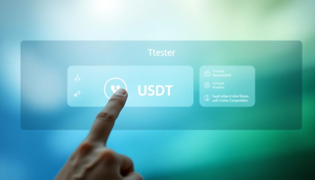 A modern, sleek interface depicting the seamless process of purchasing Tether USDT. In the foreground, a finger taps a digital button, initiating the transaction. The middle ground showcases a clean, minimalist design with intuitive controls and information panels. The background features a soft, blurred gradient in shades of blue and green, conveying a sense of trust and security. Subtle lighting casts a gentle glow, highlighting the user-friendly experience. The overall composition suggests a streamlined, efficient, and trustworthy USDT acquisition process.