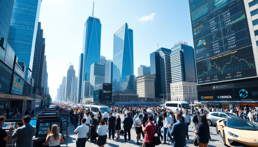 A panoramic view of a bustling financial district, towering skyscrapers reaching towards a clear blue sky. In the foreground, a variety of digital devices and screens display charts, graphs, and transaction data, reflecting the widespread integration of stablecoins into everyday financial transactions. The middle ground features a diverse array of people, from business professionals to everyday consumers, effortlessly utilizing stablecoin platforms on their smartphones and tablets. In the background, glimpses of futuristic technology, such as autonomous vehicles and holographic displays, hint at the evolving landscape of finance and commerce. The scene conveys a sense of innovation, efficiency, and the seamless integration of stablecoin technology into the fabric of modern life.