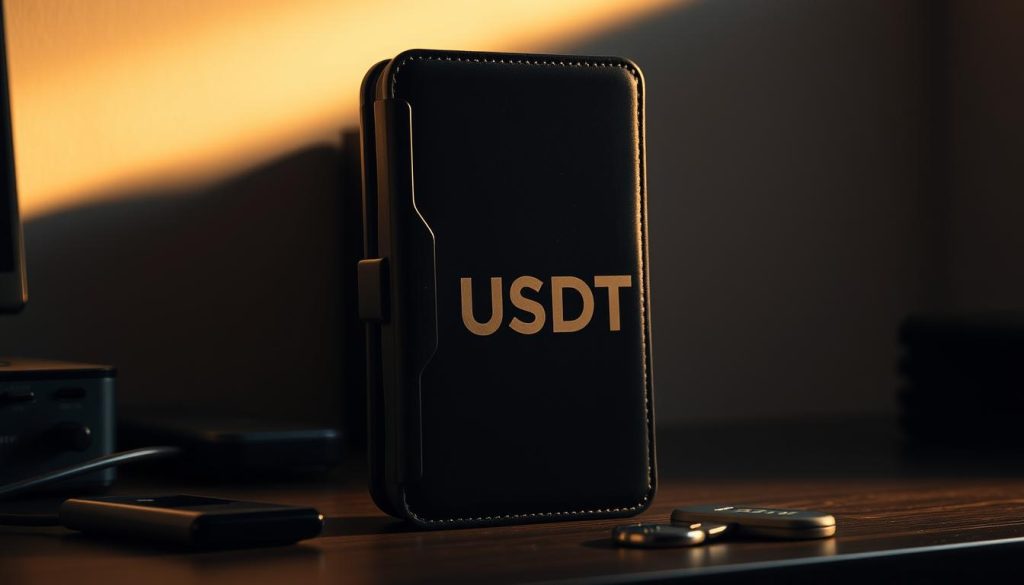 A secure USDT wallet standing prominently in a dimly lit room, with soft shadows and warm lighting accentuating its sleek, metallic design. The wallet is positioned on a sturdy desk, surrounded by discreet security devices like hardware authentication keys. The background is muted, allowing the wallet to be the central focus, conveying a sense of importance and gravitas. The overall scene exudes an air of professionalism and trust, reflecting the secure storage of digital assets.