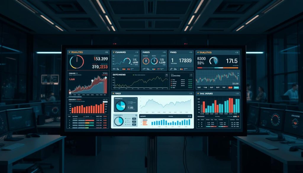 A sleek and modern data visualization dashboard showcasing real-time market data and analytics. In the foreground, a large screen displays a variety of interactive charts, graphs, and financial indicators, allowing users to monitor stock prices, exchange rates, and other key metrics. The middle ground features a clean, minimalist interface with intuitive controls and toggles, enabling seamless navigation and customization of the displayed data. The background depicts a dimly lit, high-tech office environment, complete with sleek workstations and subtle, ambient lighting that creates a professional, data-driven atmosphere. The overall scene conveys a sense of efficiency, clarity, and informed decision-making, reflecting the subject of real-time market analysis and data-driven insights.