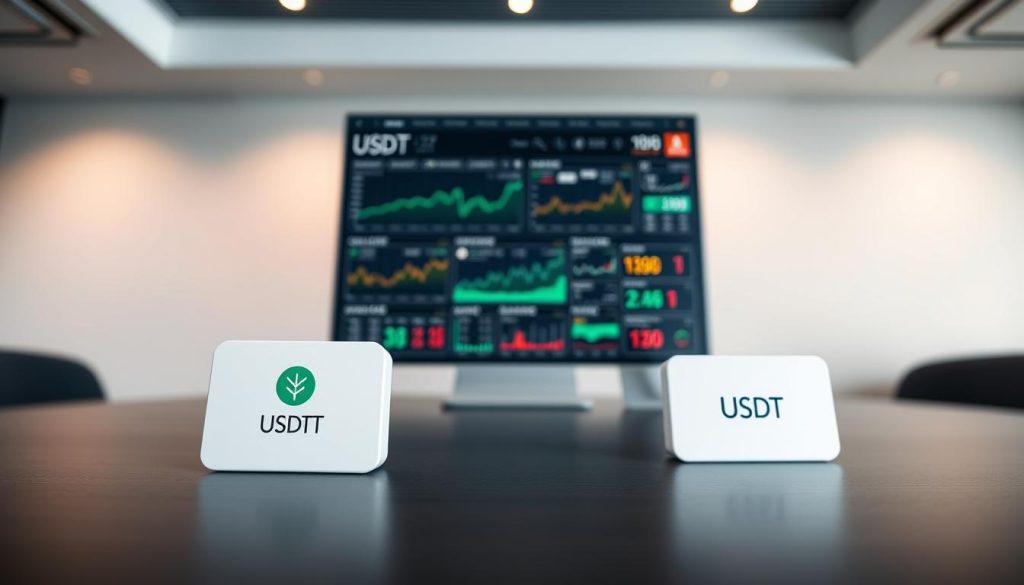 A sleek, modern comparison of leading USDT trading platforms, captured in a wide-angle shot with a shallow depth of field. The foreground features clean, minimal icons representing the key platforms, their names elegantly displayed. The middle ground showcases detailed transaction data, charts, and analytics in a grid layout, creating a sense of professionalism and authority. The background blurs into a subdued, neutral tone, allowing the core information to take center stage. The lighting is soft and directional, casting subtle shadows and highlights to accentuate the contemporary aesthetic. The overall mood is one of trust, reliability, and informed decision-making for the USDT investor.