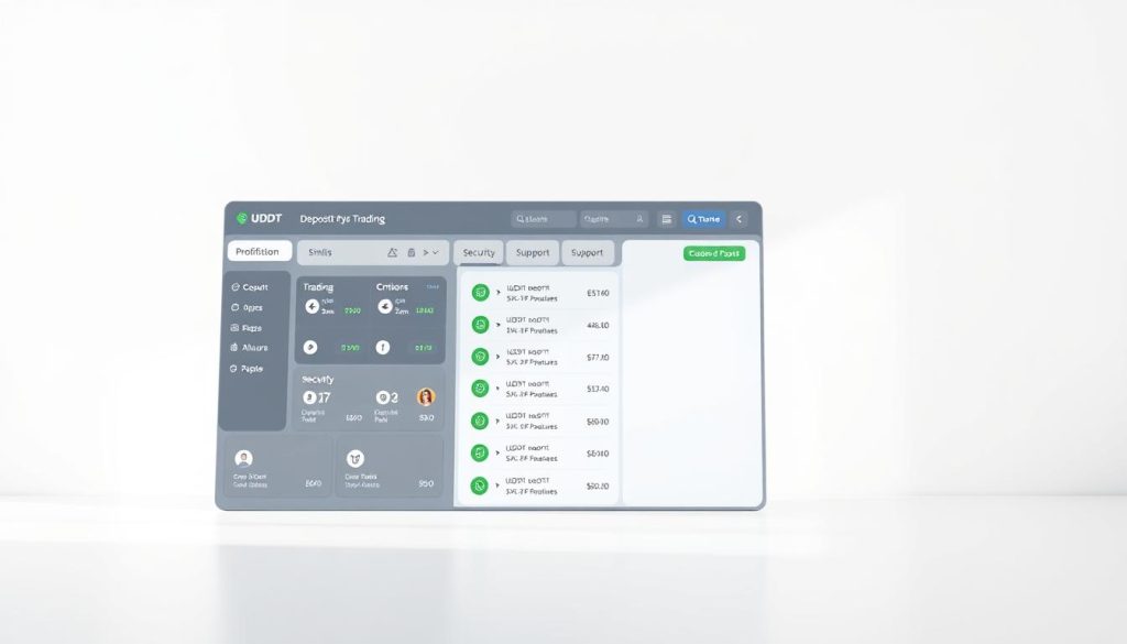A well-designed USDT trading platform interface set against a clean, minimalist background. The foreground features a series of neatly organized tiles showcasing key platform features and options - deposit methods, trading pairs, security measures, and user support. The middle ground has a simple but elegant navigation menu, while the background has a subtle gradient or texture that enhances the overall aesthetic. The lighting is soft and diffused, creating a calming, professional atmosphere. The camera angle is slightly elevated to provide an inviting, user-friendly perspective. The overall impression is one of trust, reliability, and ease of use - characteristics essential for a secure USDT trading experience.